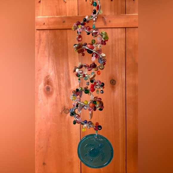 Stained Glass Blue Sea Turtle Beaded Ocean Metal Spiral Sun Catcher Mobile - Picture 3 of 10